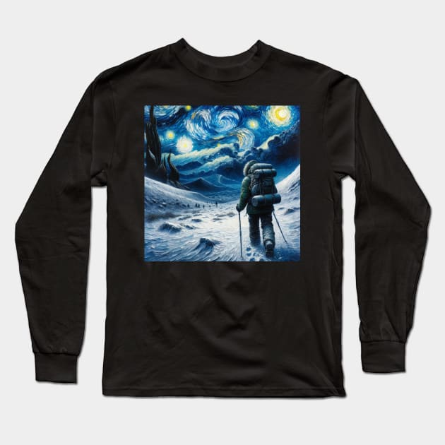 Winter Hiking Starry Night - Winter Sports Long Sleeve T-Shirt by Edd Paint Something